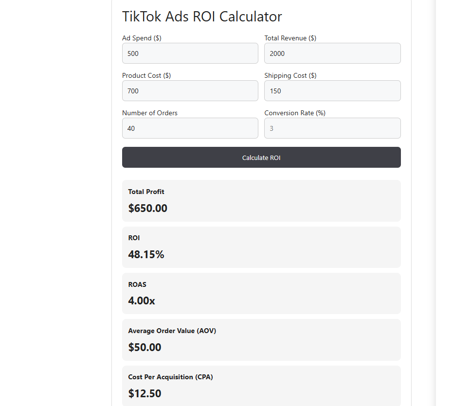 TikTok Ads ROI Calculator