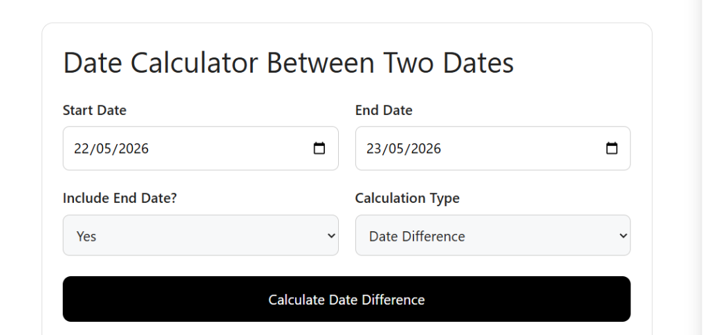 Date Calculator Between Two Dates showing start date, end date, and calculation type selector fields