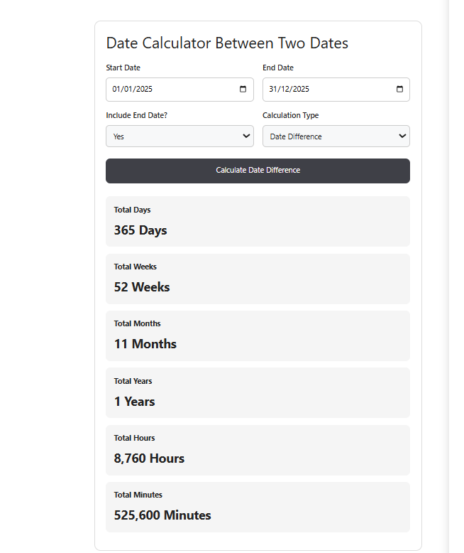 Date Calculator Between Two Dates showing results with 364 days, 52 weeks, 11.9 months and 8736 hours between two dates
