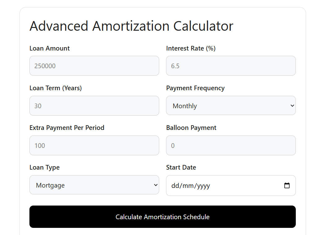 Amortization Calculator showing loan amount, interest rate, loan term, and extra payment input fields