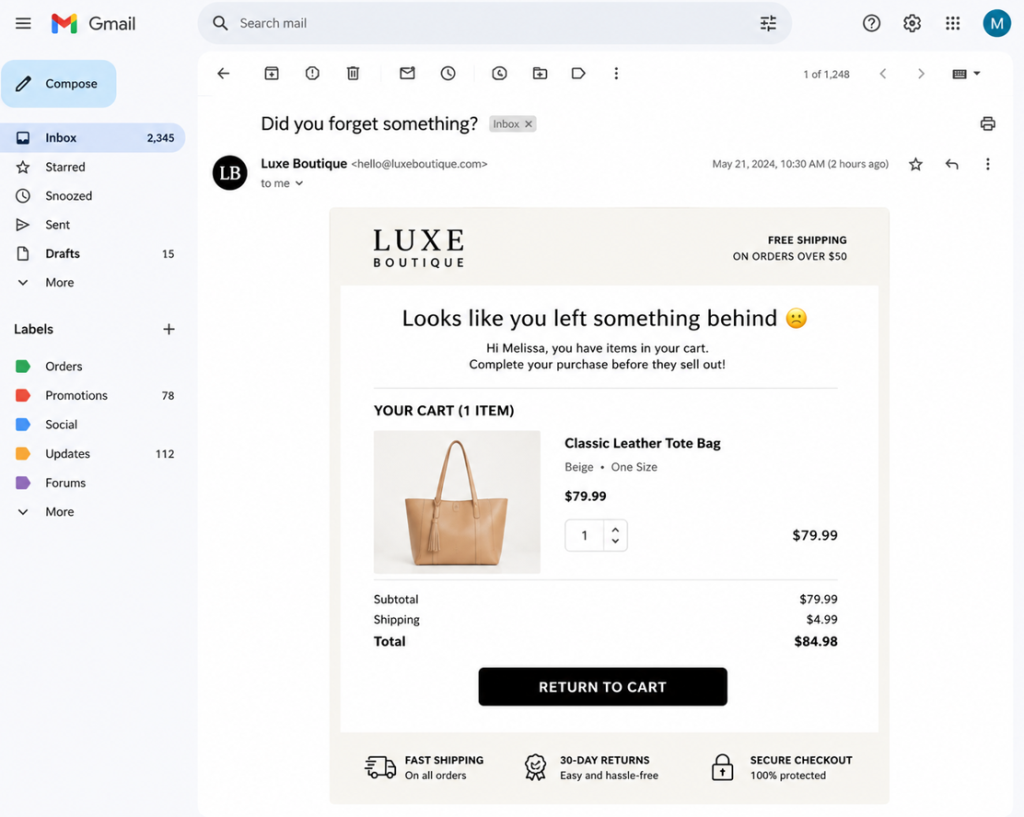 Abandoned cart email example showing product image, cart summary, and return to cart button