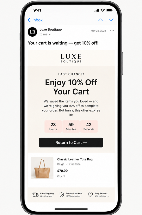 Abandoned cart final email showing 10% discount offer with expiry timer and clear call to action