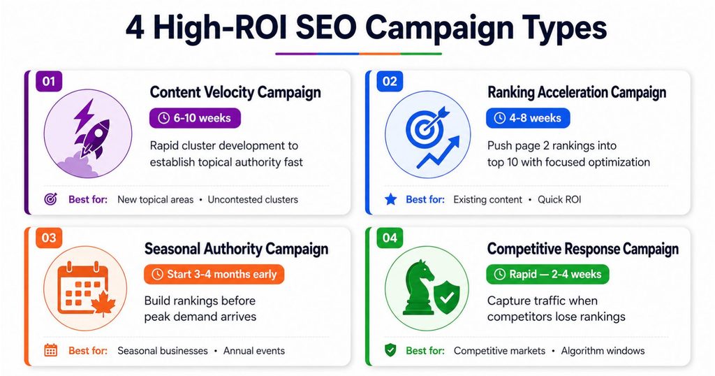 Four types of SEO campaigns showing content velocity ranking acceleration seasonal and competitive response
