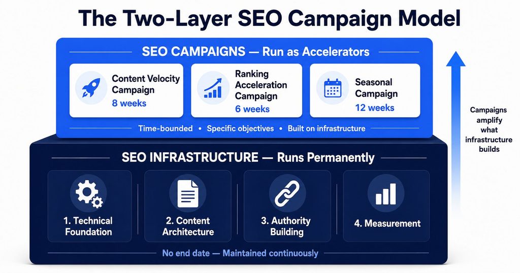SEO campaign strategy diagram showing infrastructure layer with campaigns running as accelerators on top